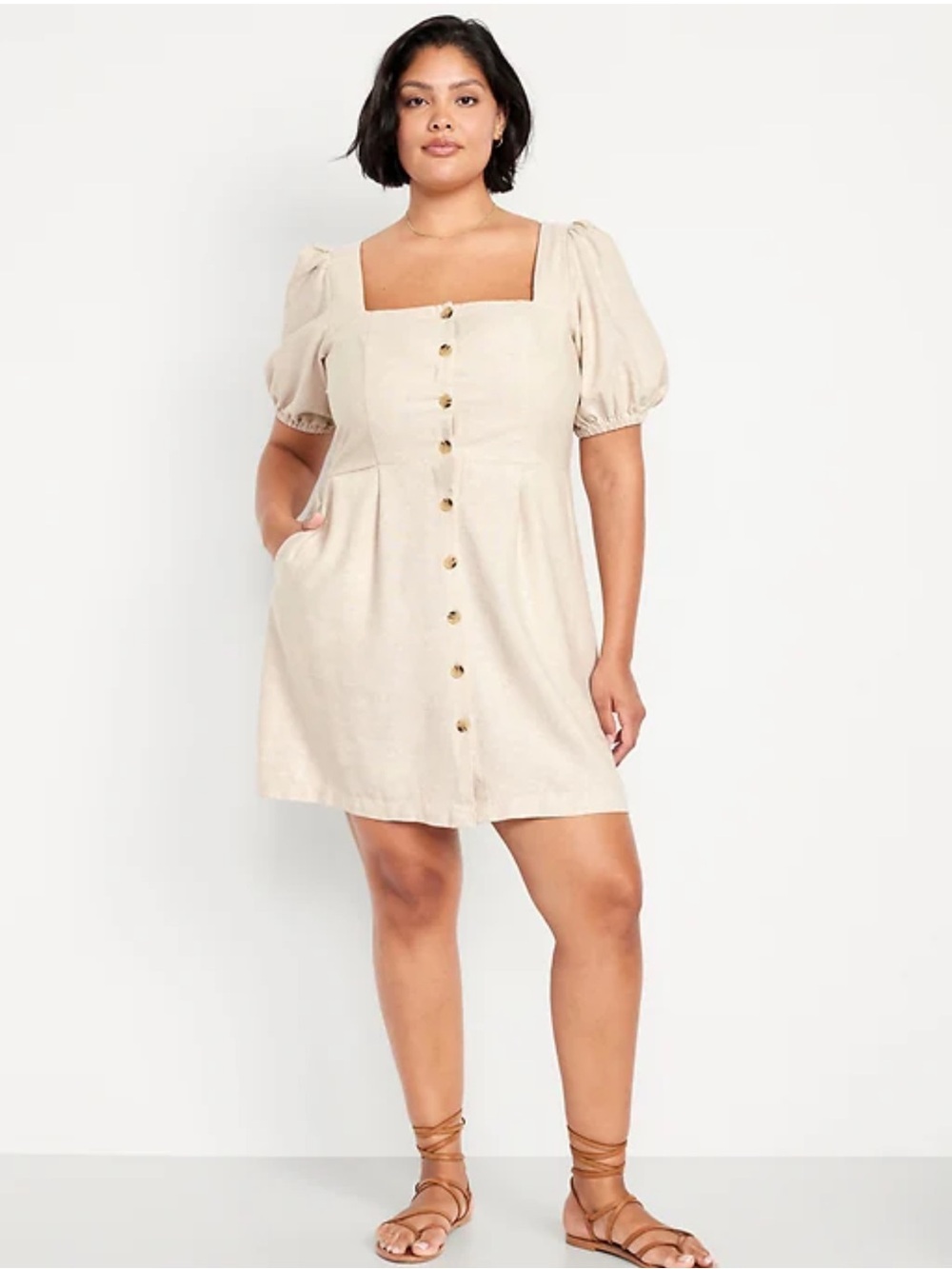 Old Navy Square-Neck Puff Sleeve Midi Dress in Beige
